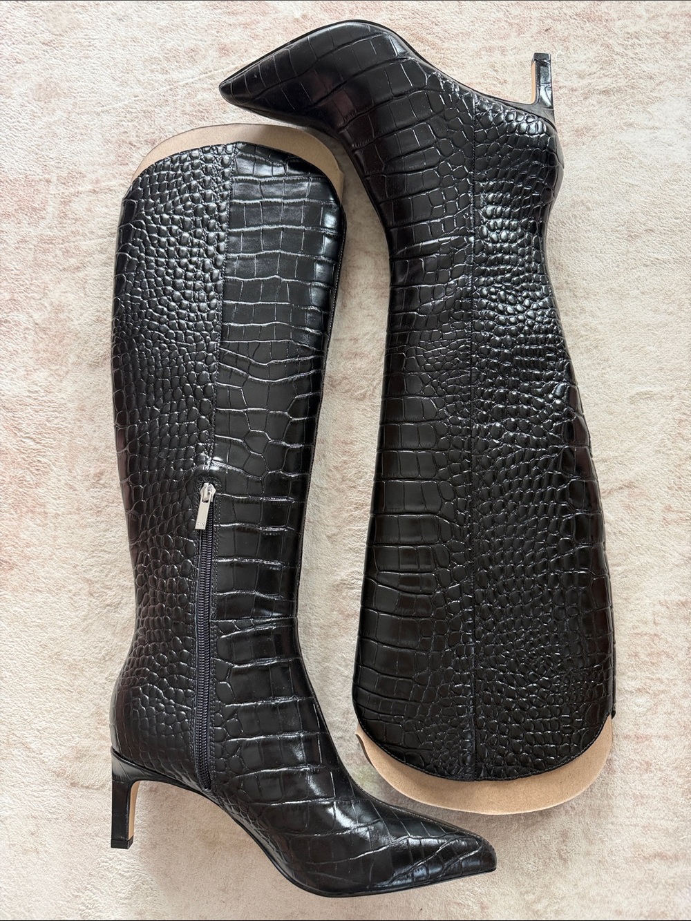 Marc Fisher Quinnie Black Croc-Embossed Knee Boots with Pointed Toe